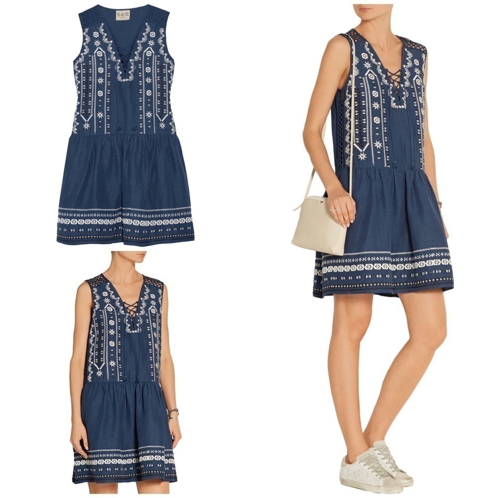 Sea Crochet-trimmed Embroidered Silk Linen Dress 2​​​​​​